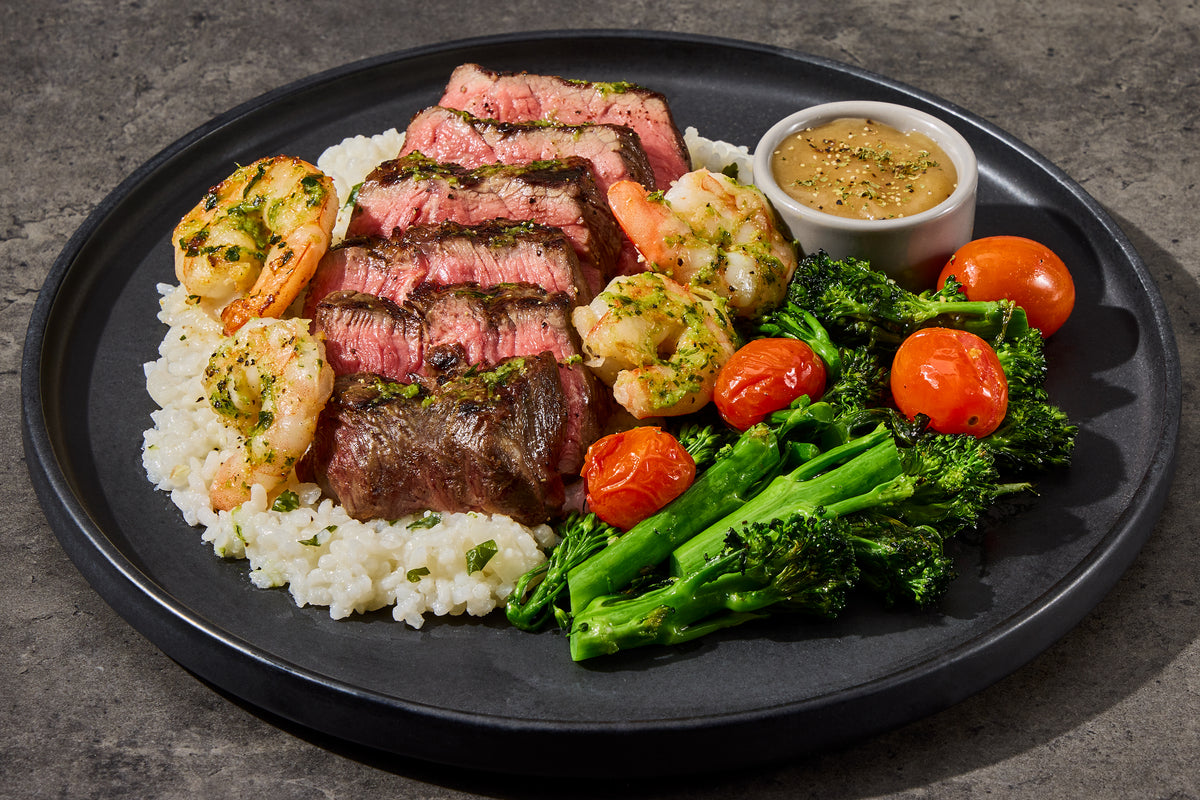Filet Mignon & Shrimp over Parmesan Risotto