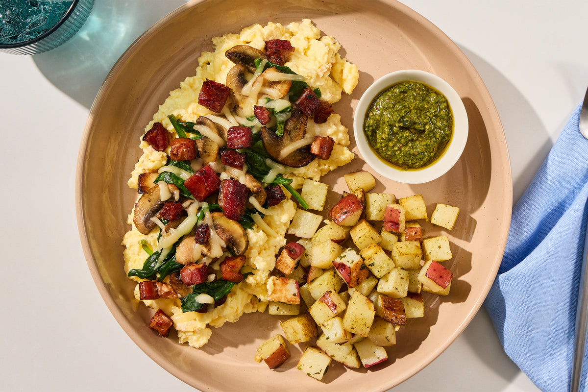 Bacon, Mushroom & Swiss Egg Scramble