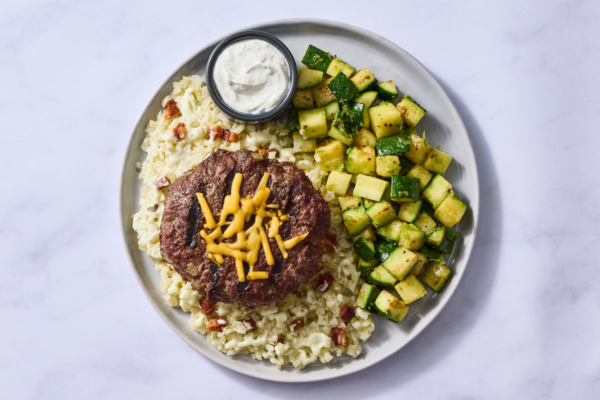 Texas Cheddar Burger & Bacon Cauli Grits