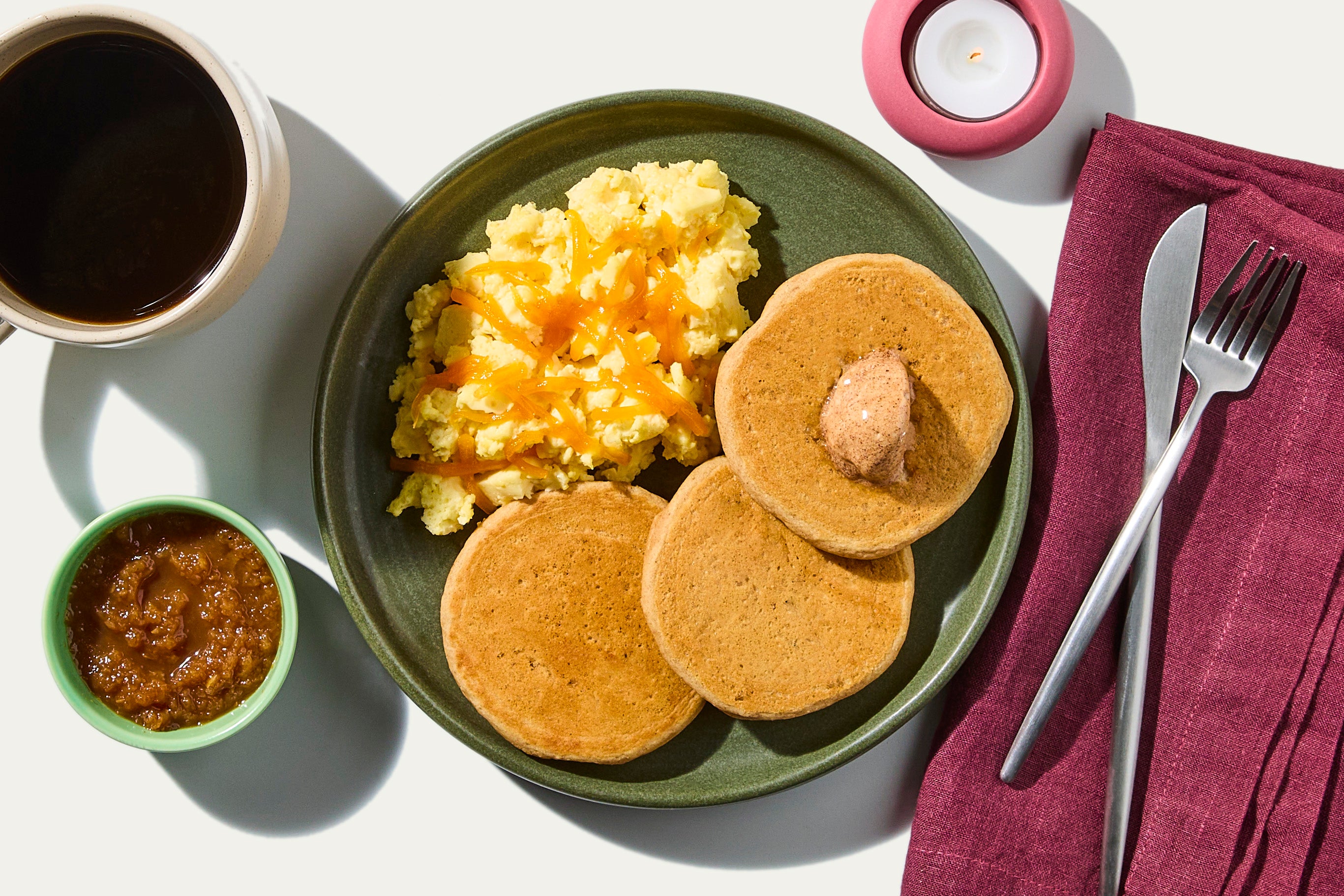 Apple Spice Pancakes & Cheddar Scramble